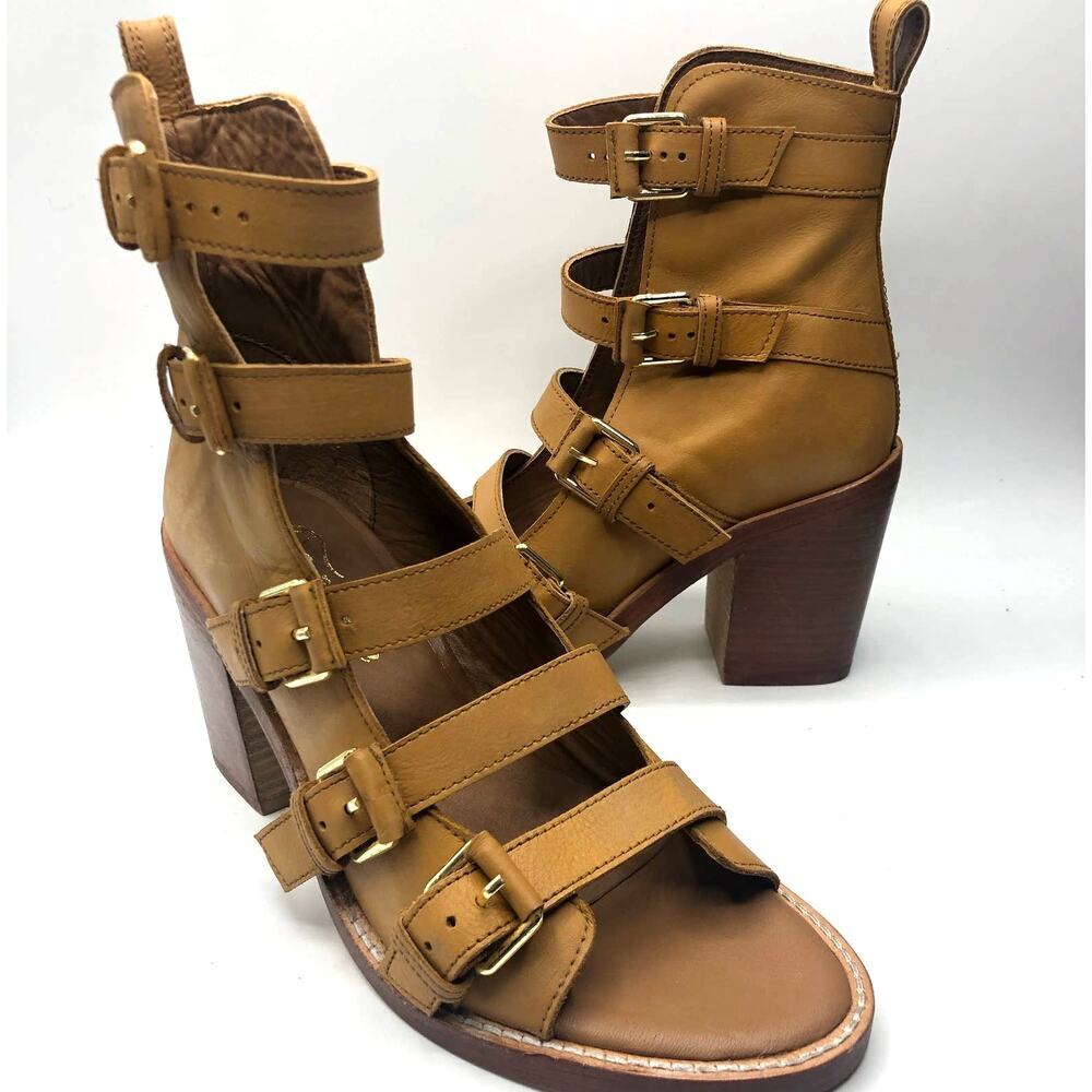 Free People Women’s Leather Buckle Up Baby Block Heels Tan Size 38.5 US 8.5